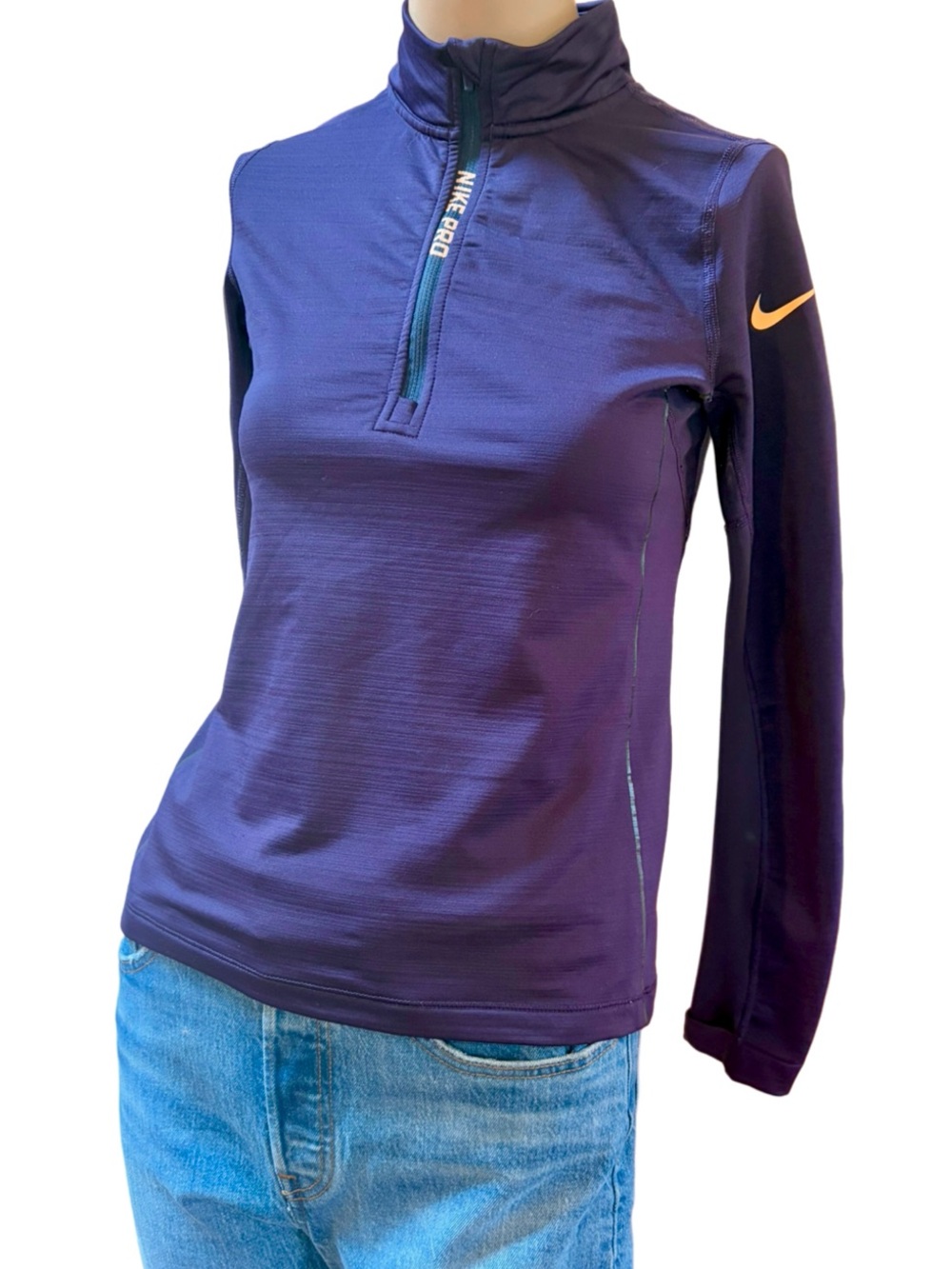 Nike Pro Hyperwarm Purple 1/4 Zip Performance Running Top L Thumbholes